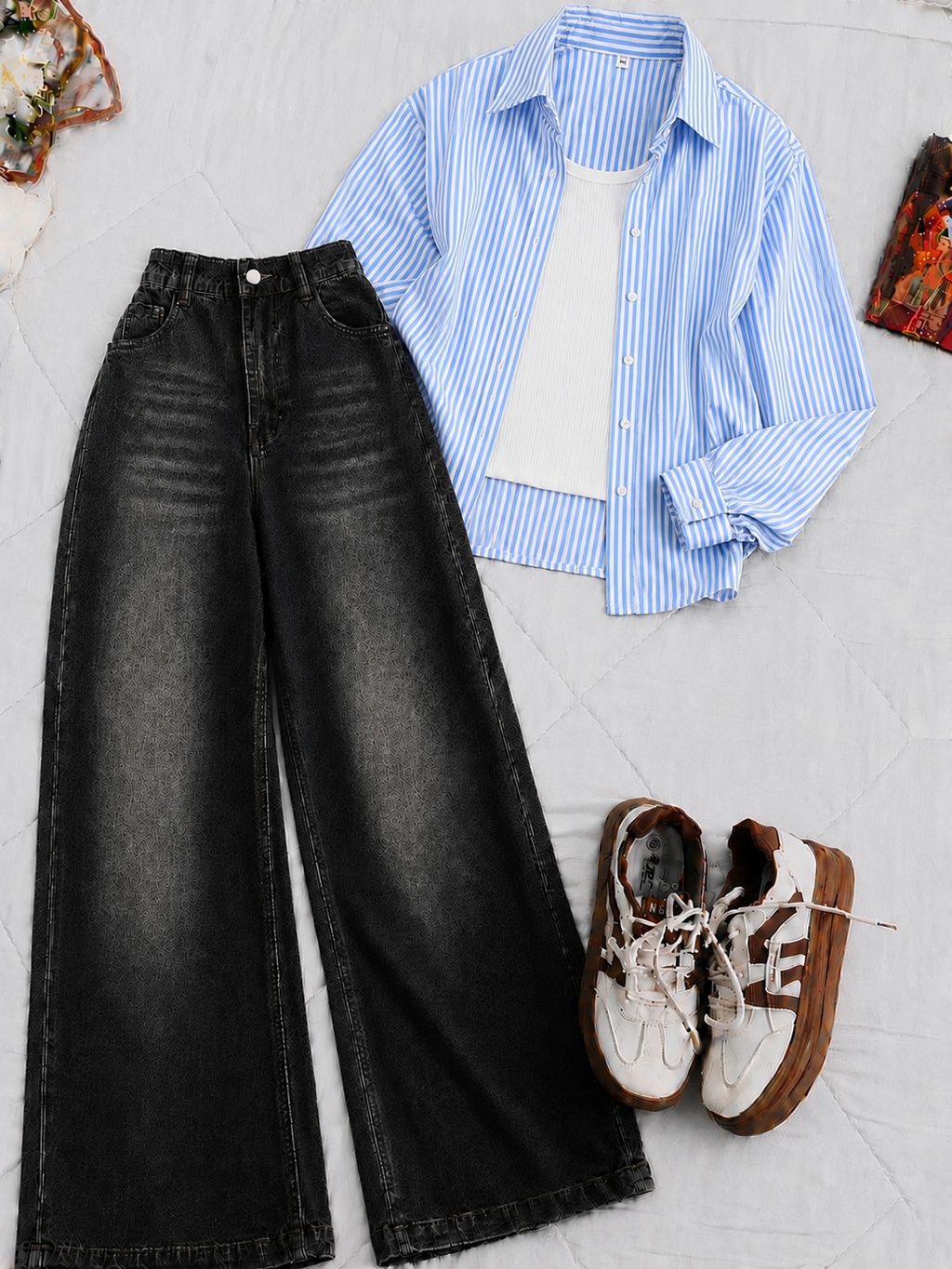 Sky Blue Stripe Button-Down Shirt With White Crop Tank Top Black Vintage Wide Leg Jeans