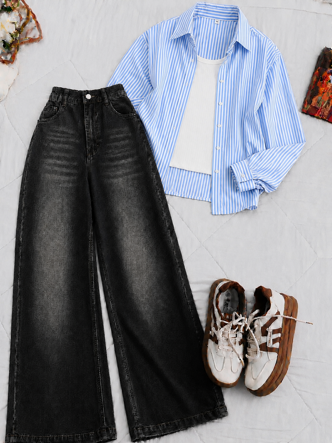 Sky Blue Stripe Button-Down Shirt With White Crop Tank Top Black Vintage Wide Leg Jeans