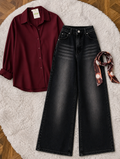 Burgundy Button-Down Shirt & Black Vintage Washed Wide Leg Jeans