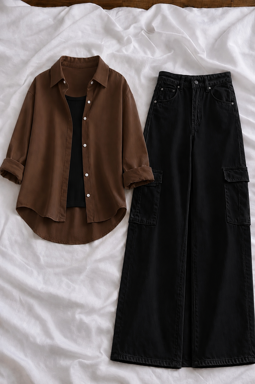 Chocolate Brown Button-Down Shirt With Black Tank Top & Black High-Waisted Cargo Denim Jeans