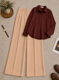 Burgundy Button-Down Shirt with Beige Formal Pants