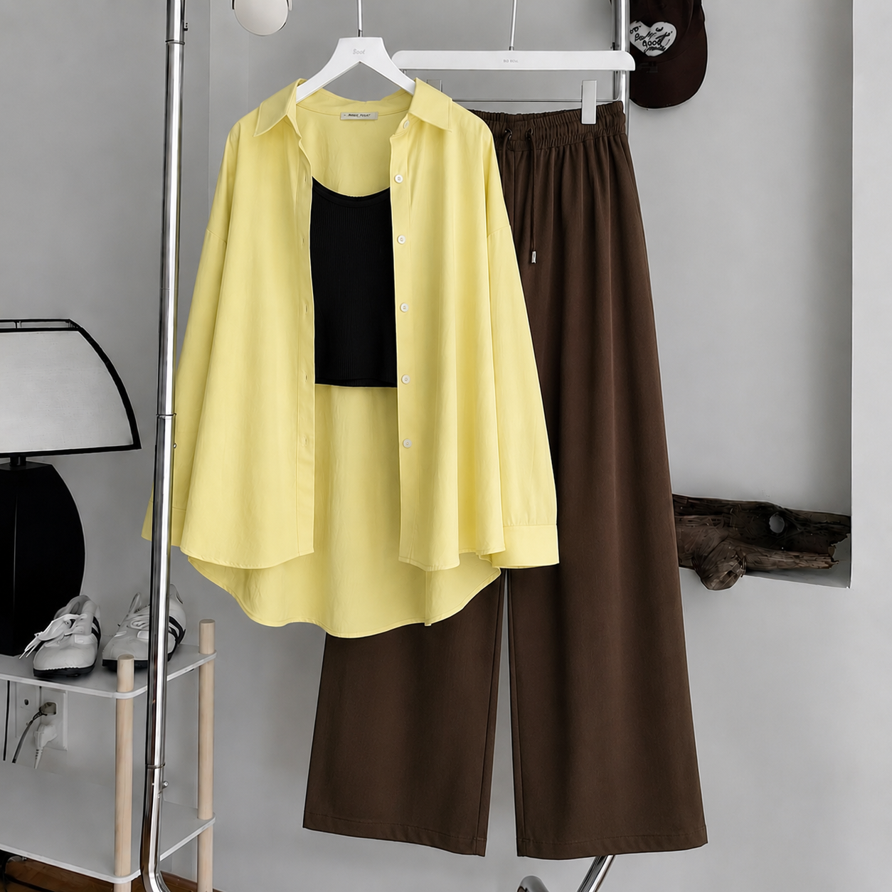 Pale Yellow Button-Down Shirt With Black Ribbed Knit Tank Top & Chocolate Brown Flapper Trouser