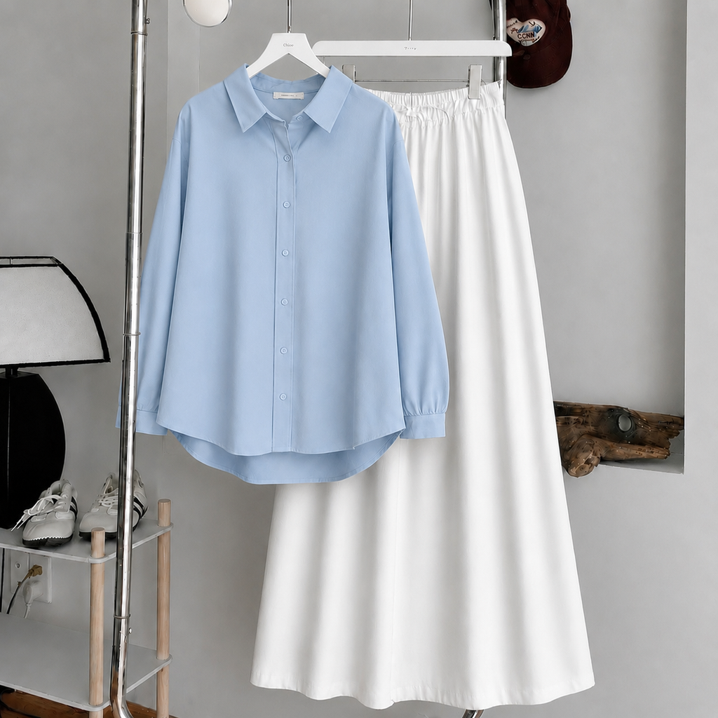 Light Blue Button-Down Shirt & White Summer Flowy Maxi Skirt