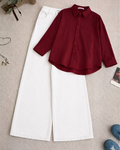 Maroon Button Down Shirt With White Wide Leg Jeans