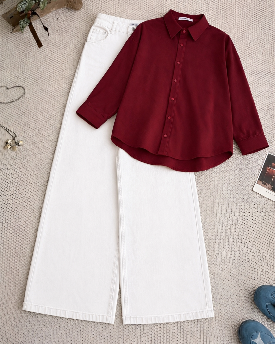 Maroon Button Down Shirt With White Wide Leg Jeans