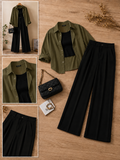 Olive Green Button-Down Shirt With Black Crop Tank Top & Black Formal Cotton Pants