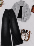 Black Stripe Button-Down Shirt With Black Crop Tank Top Black Vintage Wide Leg Jeans
