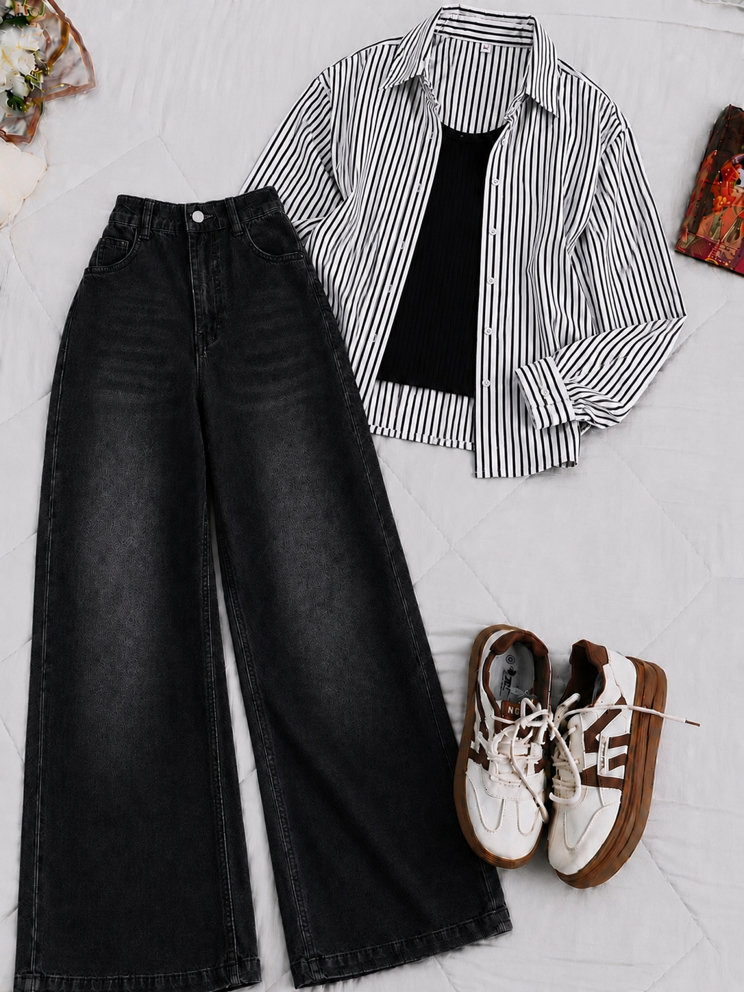 Black Stripe Button-Down Shirt With Black Crop Tank Top Black Vintage Wide Leg Jeans