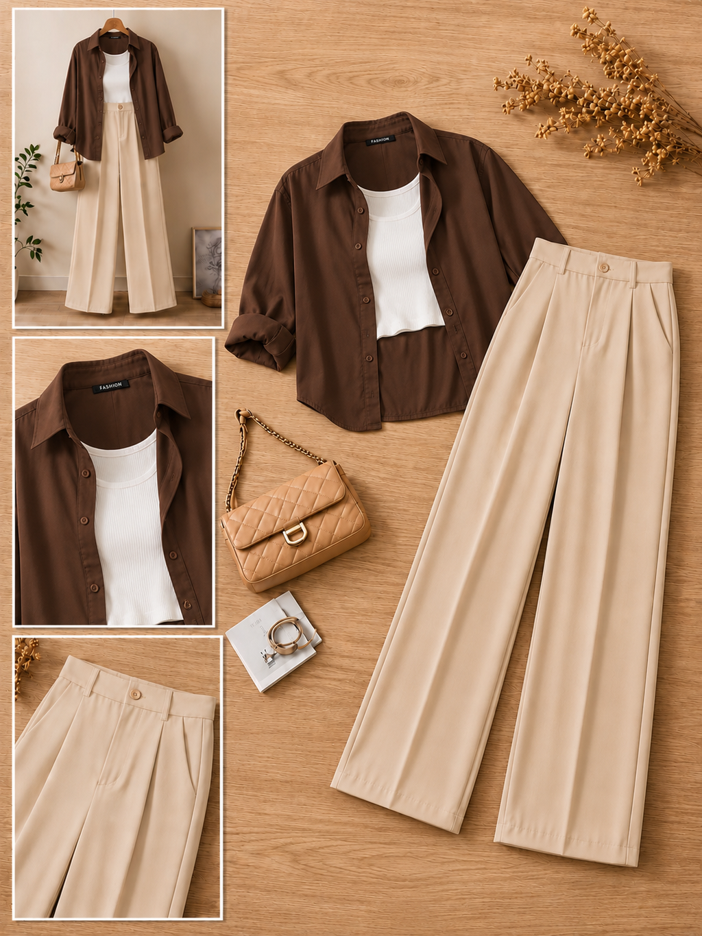 Beige Button-Down Shirt With White Crop Tank Top & Chocolate Brown Formal Cotton Pants