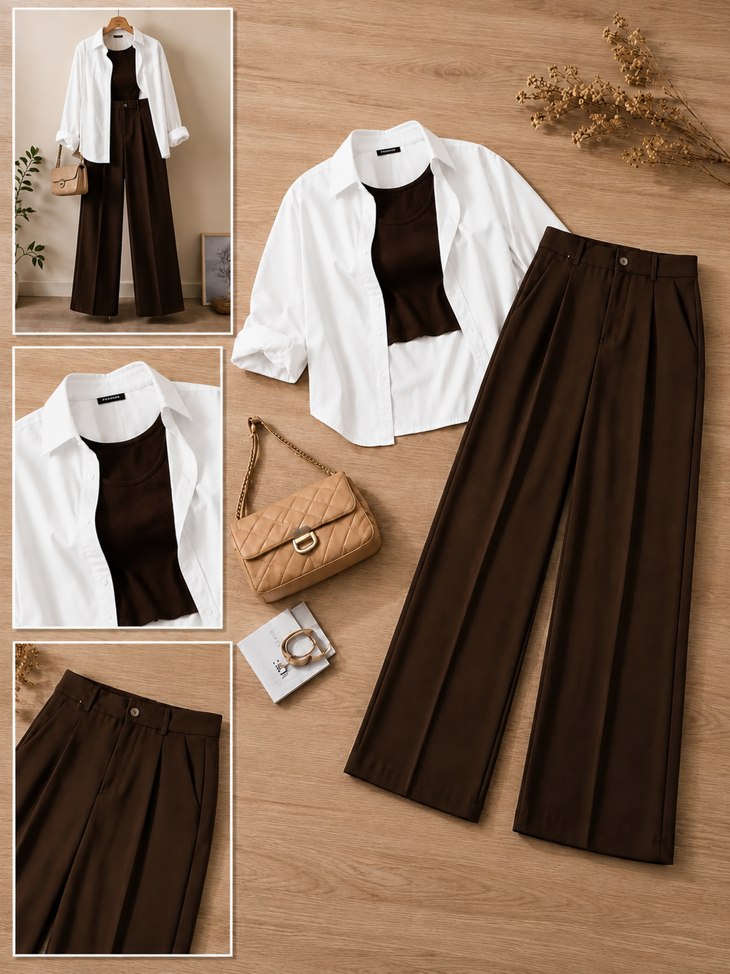 White Button-Down Shirt With Brown Crop Tank Top & Chocolate Brown Formal Cotton Pants