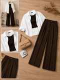 White Button-Down Shirt With Brown Crop Tank Top & Chocolate Brown Formal Cotton Pants