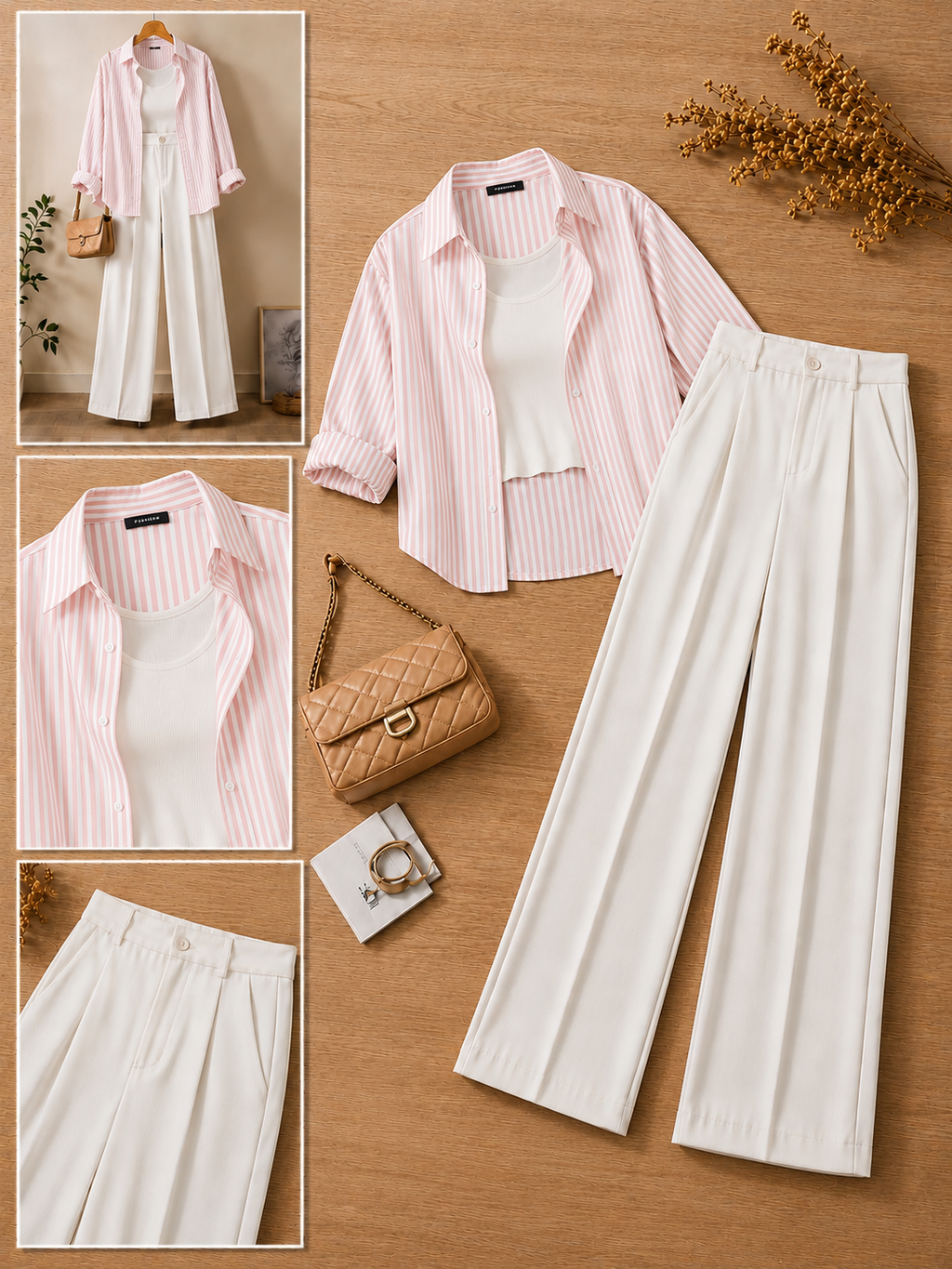 Baby Pink Stripe Button Down Shirt With White Crop Tank Top & White Formal Cotton Pants