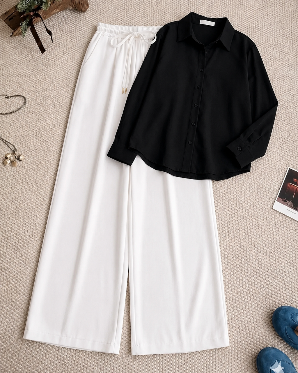 Black Button Down Shirt With White Flapper Trouser Set