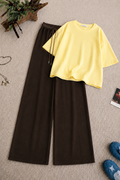 Pale Yellow Oversized Tee With Dark Brown Flapper Trouser