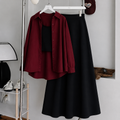 Burgundy Button-Down Shirt With Black Crop Tank Top & Black Summer Flowy Maxi Skirt