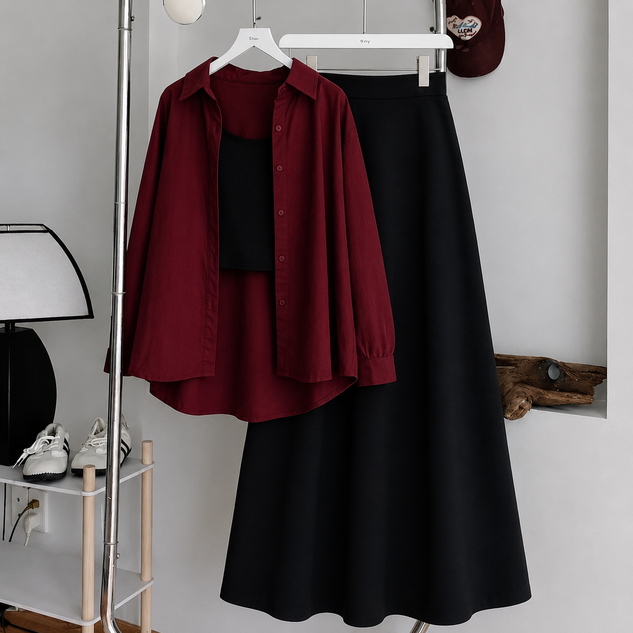 Burgundy Button-Down Shirt With Black Crop Tank Top & Black Summer Flowy Maxi Skirt