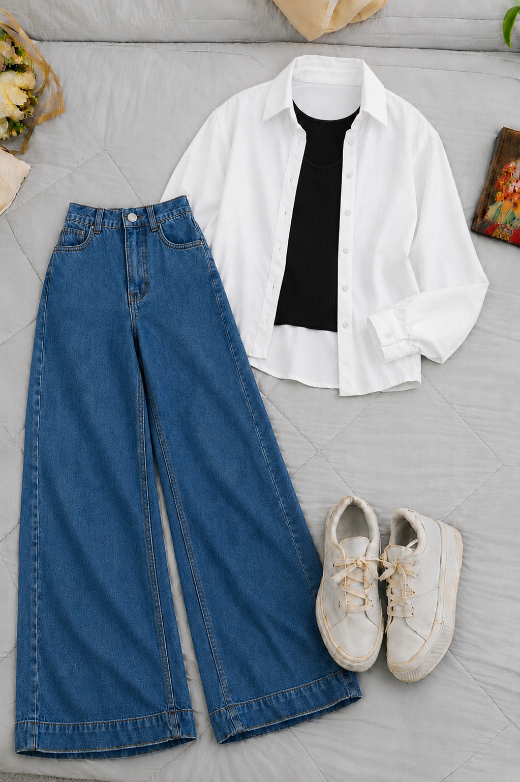 White Button-Down Shirt With Black Crop Tank Top & Mid Blue High-Waisted Wide Leg Denim Jeans