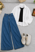 White Button-Down Shirt With Black Crop Tank Top & Mid Blue High-Waisted Wide Leg Denim Jeans