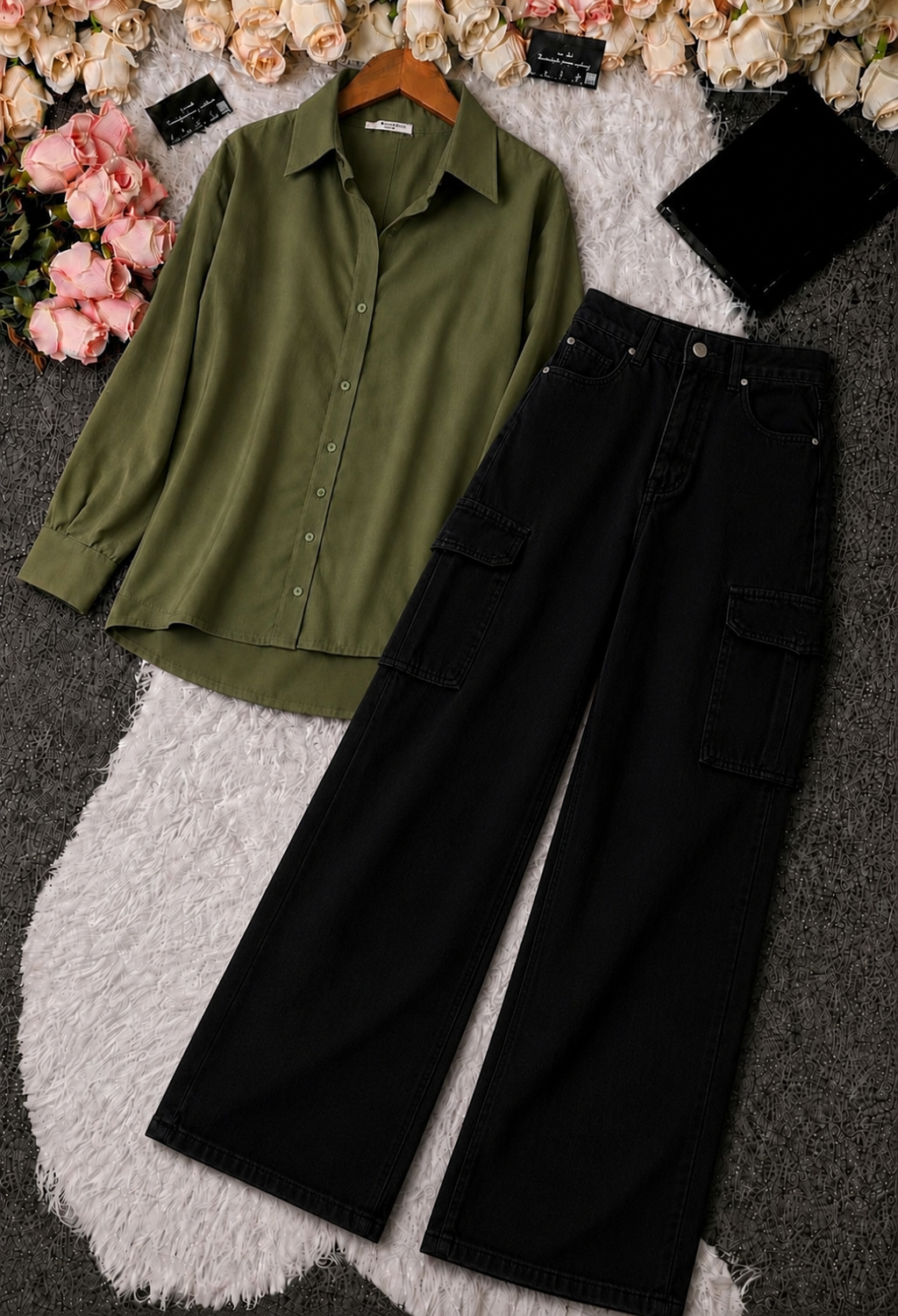 Olive Green Button-Down Shirt & Black High-Waisted Cargo Denim Jeans