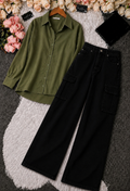 Olive Green Button-Down Shirt & Black High-Waisted Cargo Denim Jeans