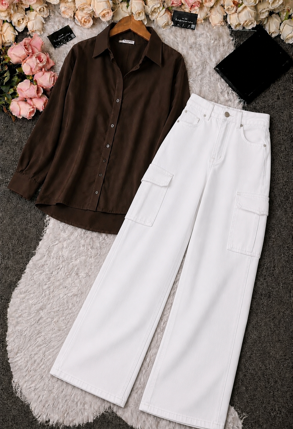 Chocolate Brown Button-Down Shirt & White High-Waisted Cargo Denim Jeans