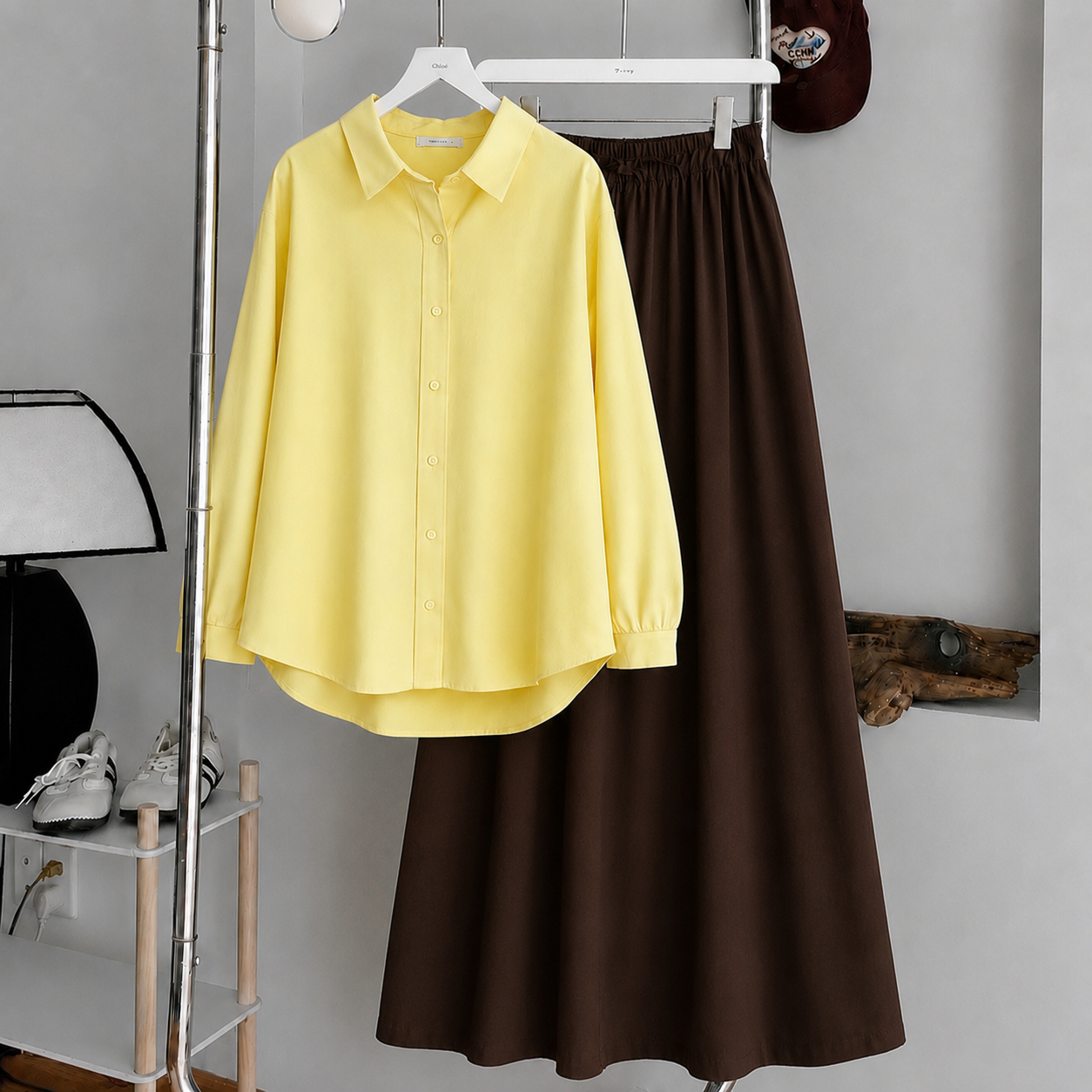 Pale Yellow Button-Down Shirt & Dark Brown Summer Flowy Maxi Skirt