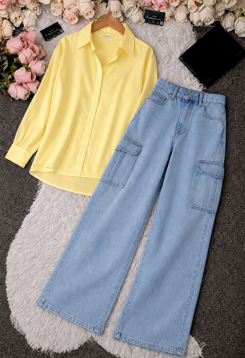 Pale Yellow Button-Down Shirt & Sky Blue High-Waisted Cargo Denim Jeans