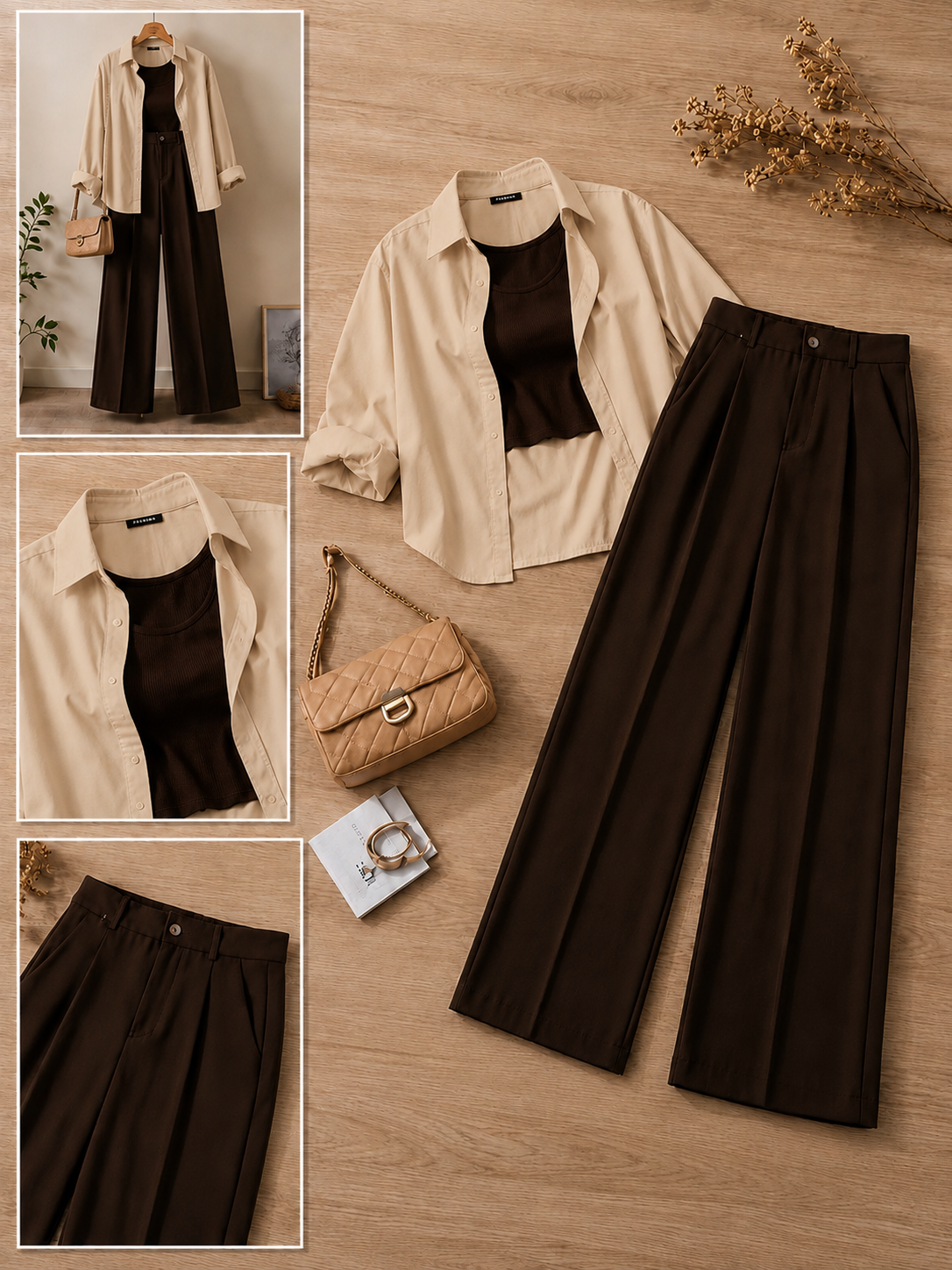 Beige Button-Down Shirt With Brown Crop Tank Top & Chocolate Brown Formal Cotton Pants