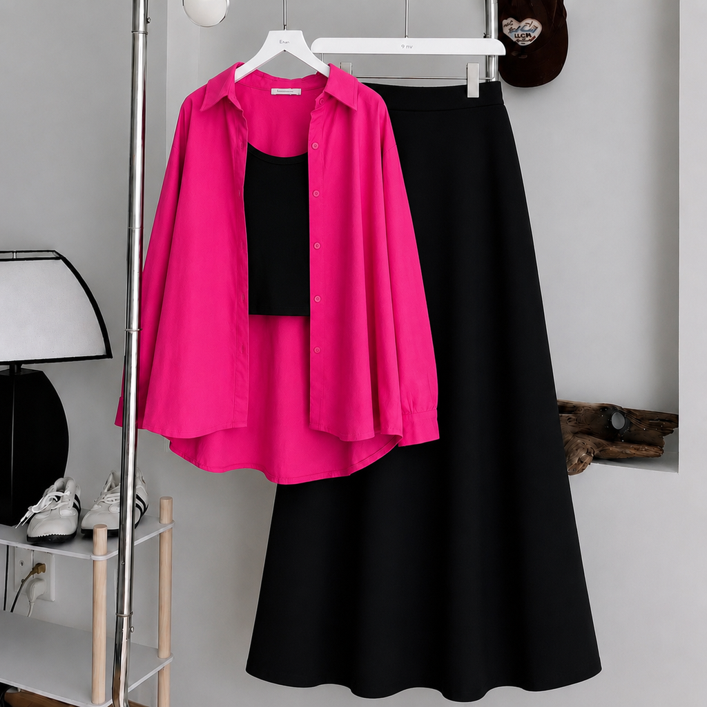 Pink Button-Down Shirt With Black Crop Tank Top & Black Summer Flowy Maxi Skirt