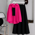 Pink Button-Down Shirt With Black Crop Tank Top & Black Summer Flowy Maxi Skirt