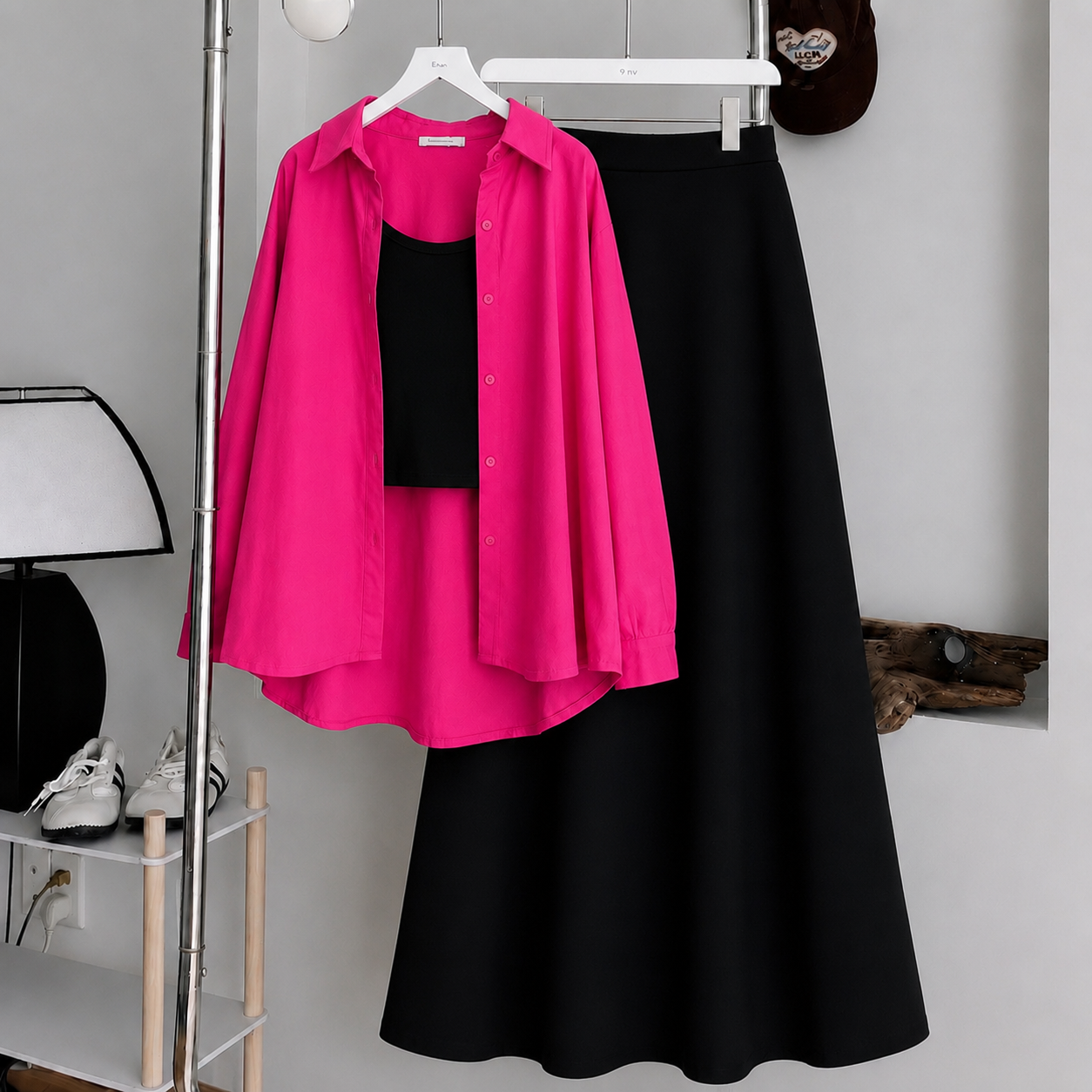 Pink Button-Down Shirt With Black Crop Tank Top & Black Summer Flowy Maxi Skirt