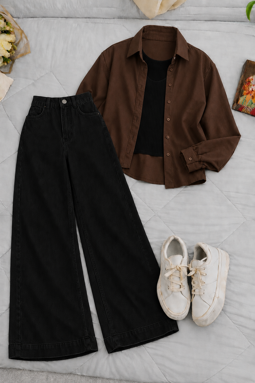 Dark Brown Button-Down Shirt With Black Crop Tank Top & Black High-Waisted Wide Leg Denim Jeans
