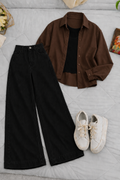 Dark Brown Button-Down Shirt With Black Crop Tank Top & Black High-Waisted Wide Leg Denim Jeans