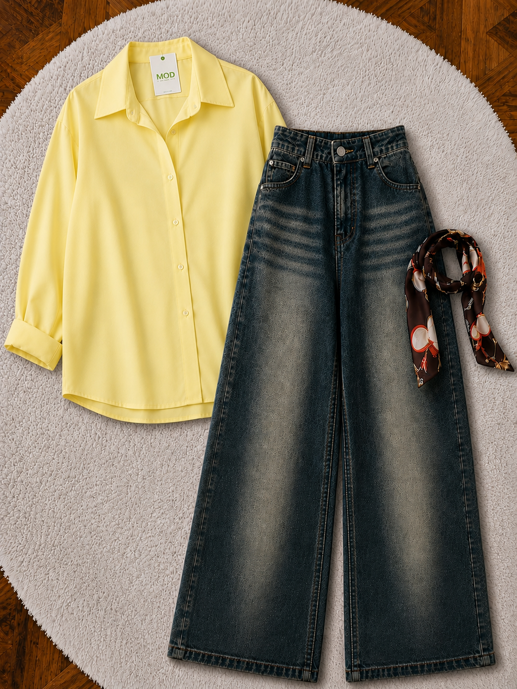 Pale Yellow Button-Down Shirt & Charcoal Blue Vintage Washed Wide Leg Jeans