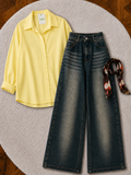 Pale Yellow Button-Down Shirt & Charcoal Blue Vintage Washed Wide Leg Jeans