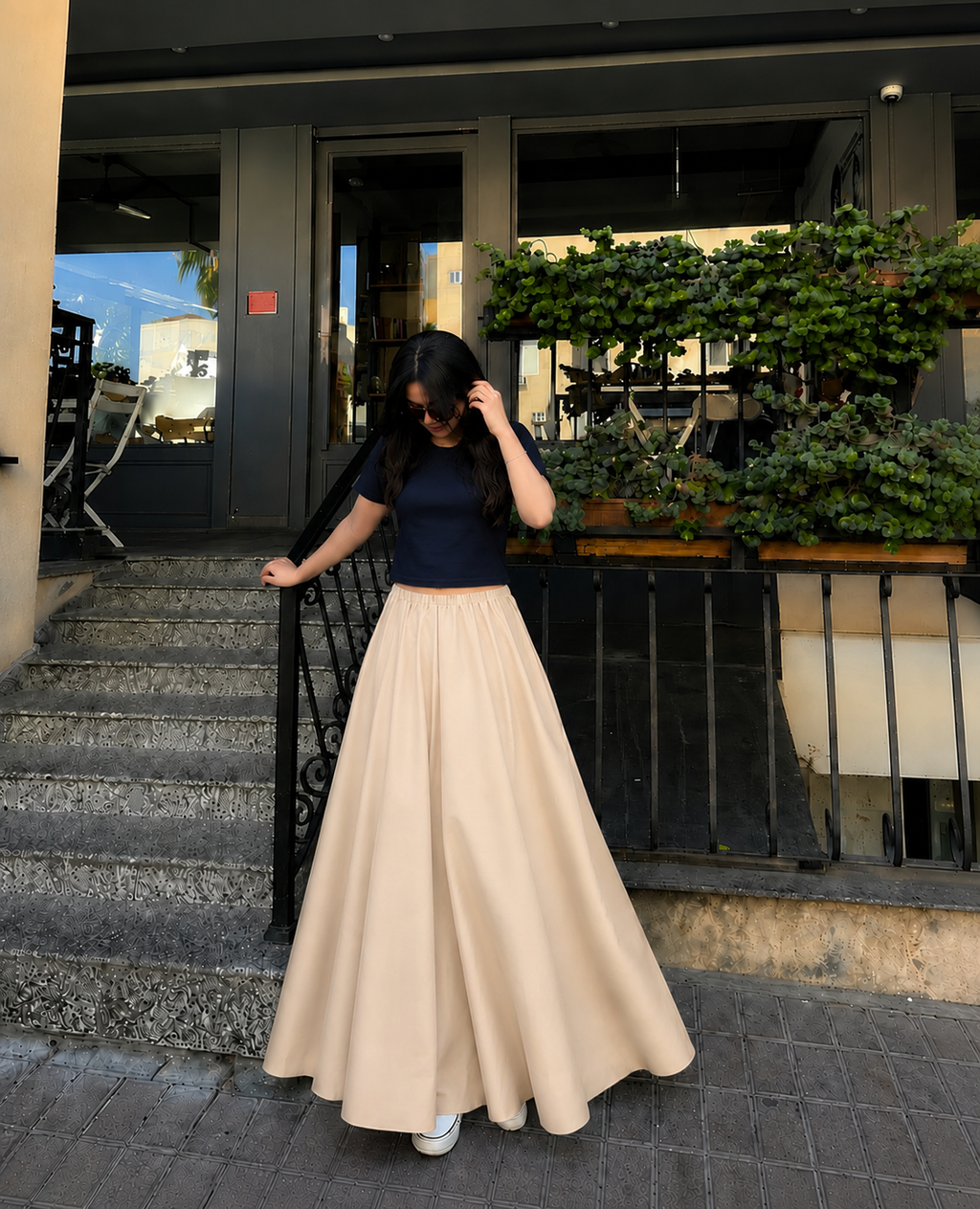 Navy Blue Cropped Tee & Beige Summer Flowy Maxi Skirt