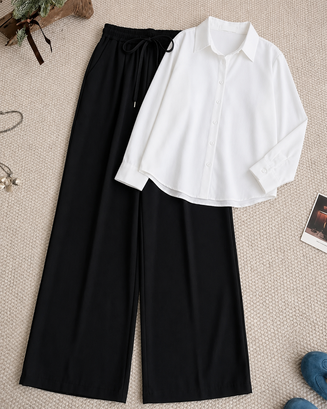 White Button Down Shirt & Black Flapper Trouser