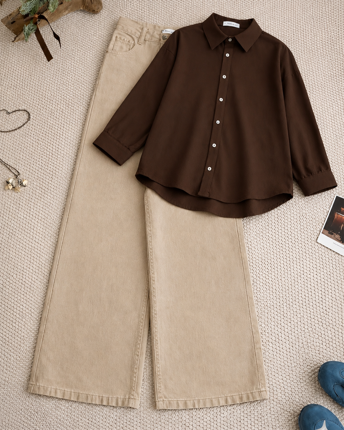 Dark Brown Button Down Shirt With Beige Wide leg Jeans Set