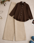 Dark Brown Button Down Shirt With Beige Wide Leg Jeans Set