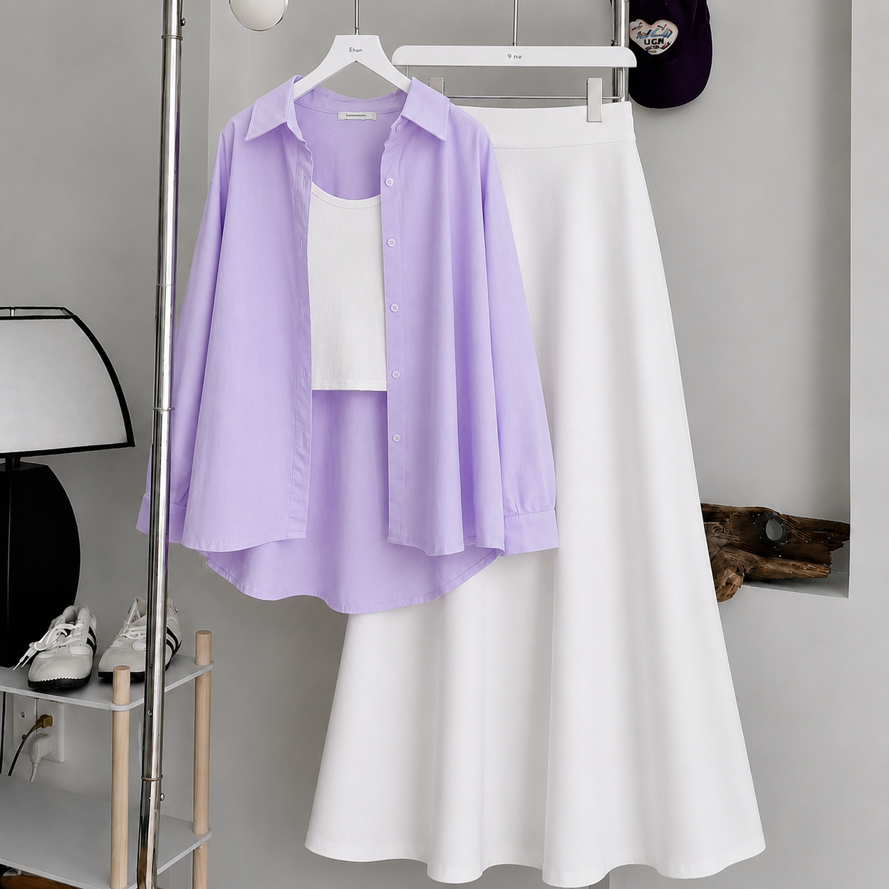 Lilac Button-Down Shirt With White Crop Tank Top & White Summer Flowy Maxi Skirt