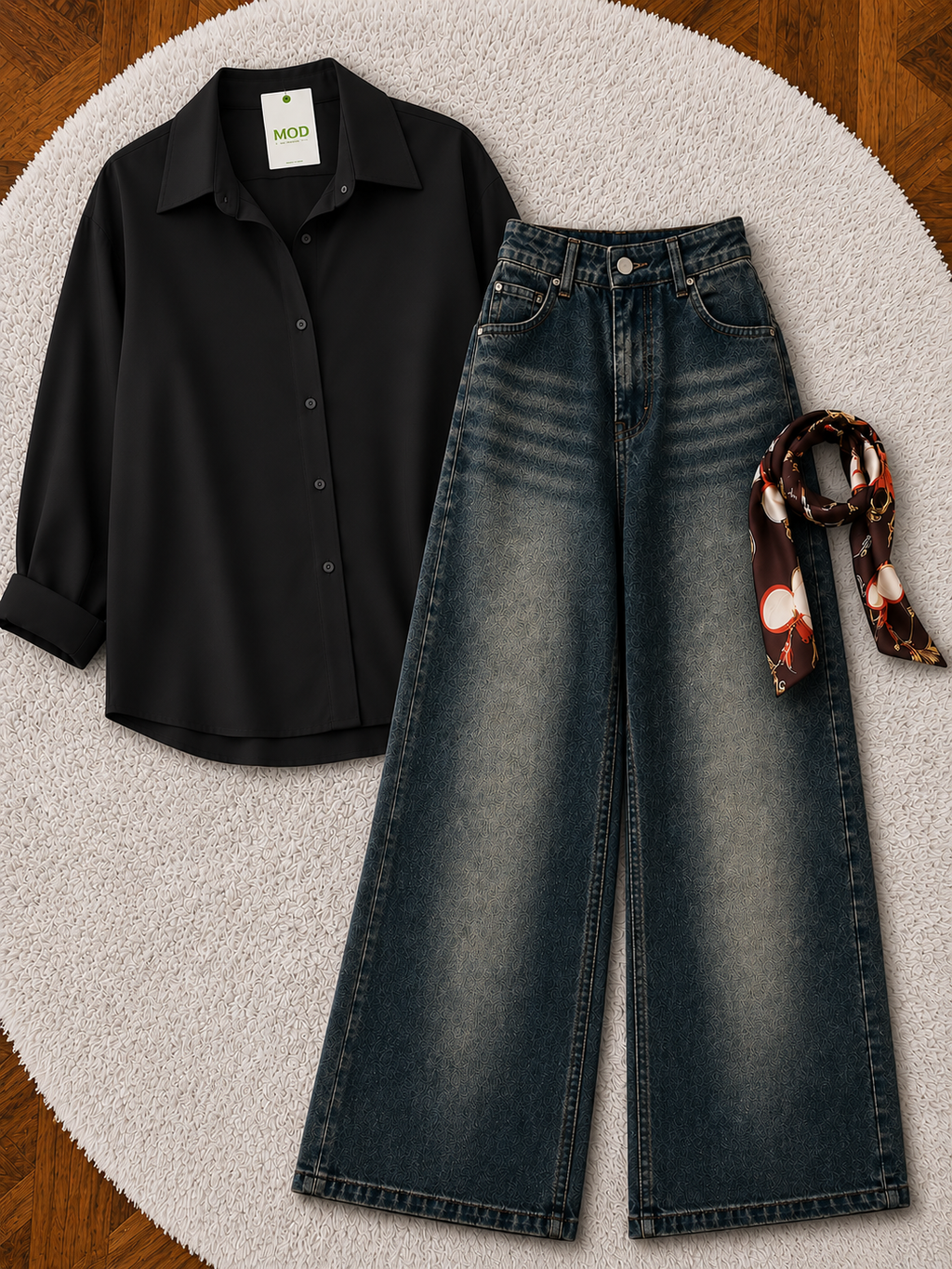 Black Button-Down Shirt & Charcoal Blue Vintage Washed Wide Leg Jeans