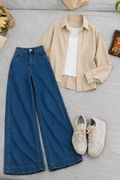 Beige Button-Down Shirt With White Crop Tank Top & Mid Blue High-Waisted Wide Leg Denim Jeans