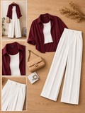 Burgundy Button-Down Shirt With White Crop Tank Top & White Formal Cotton Pants