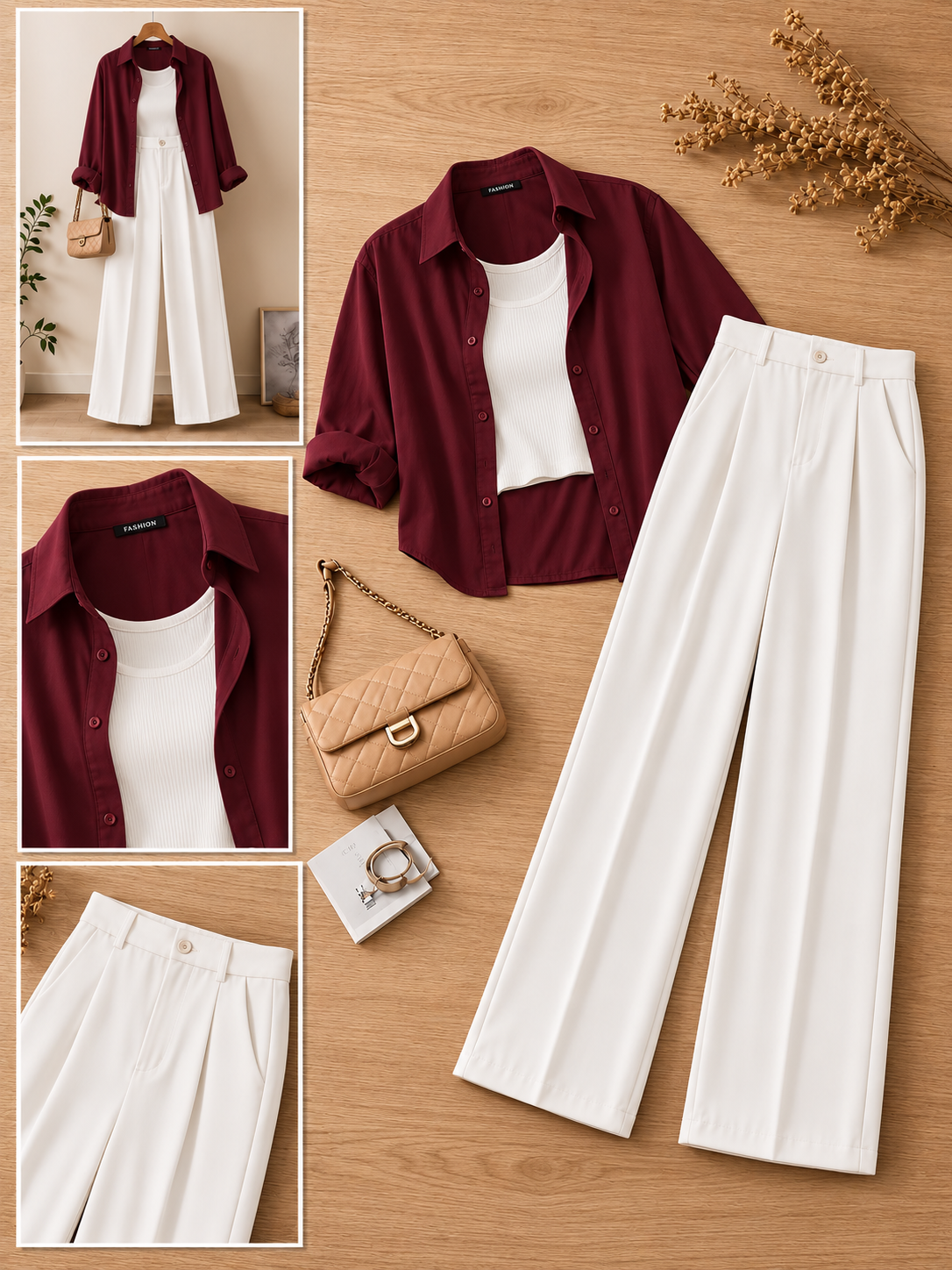 Burgundy Button-Down Shirt With White Crop Tank Top & White Formal Cotton Pants