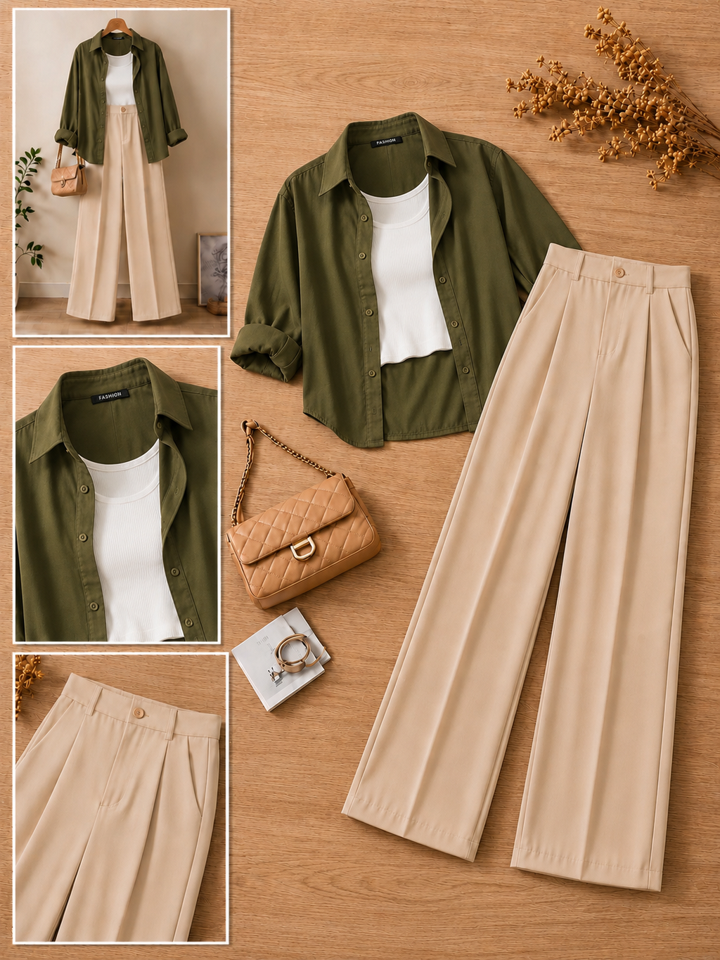 Olive Green Button-Down Shirt With White Crop Tank Top & Chocolate Brown Formal Cotton Pants